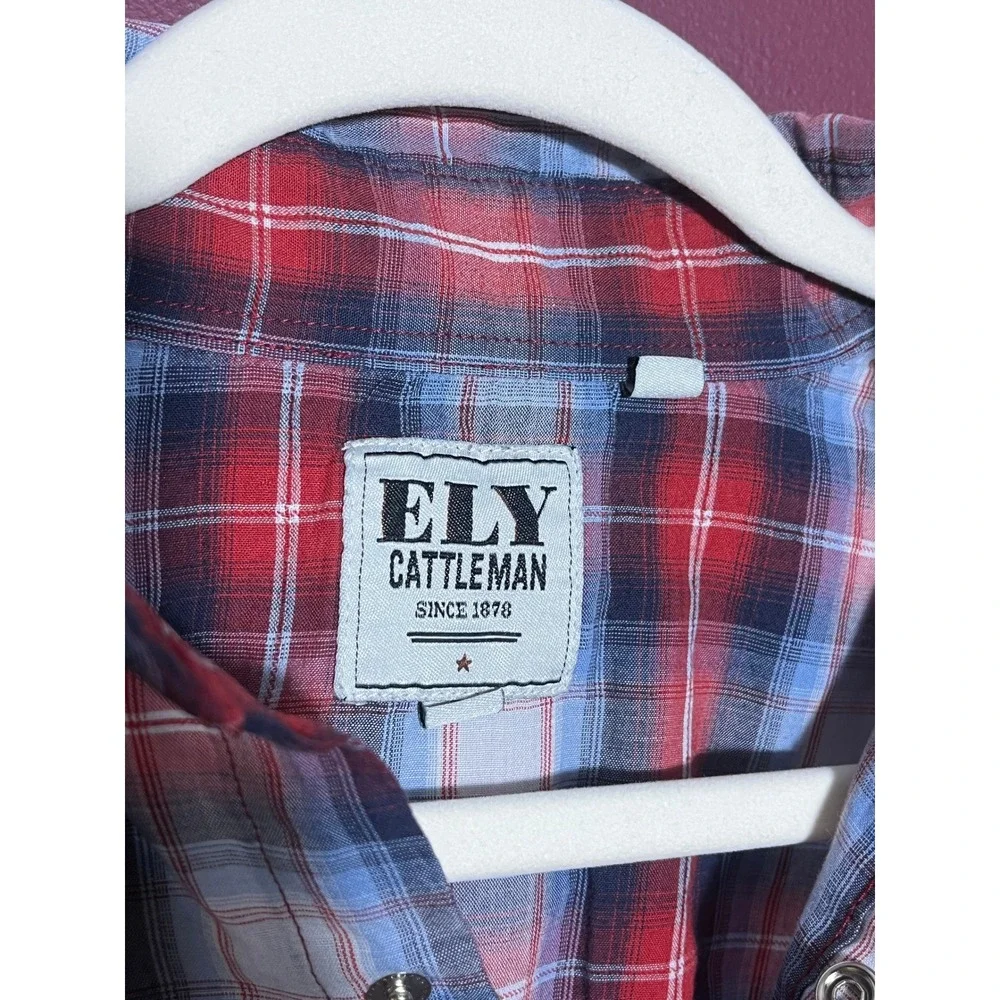 Ely Cattleman Mens Red White Blue Plaid Western Pearl Snap Short Sleeve Shirt